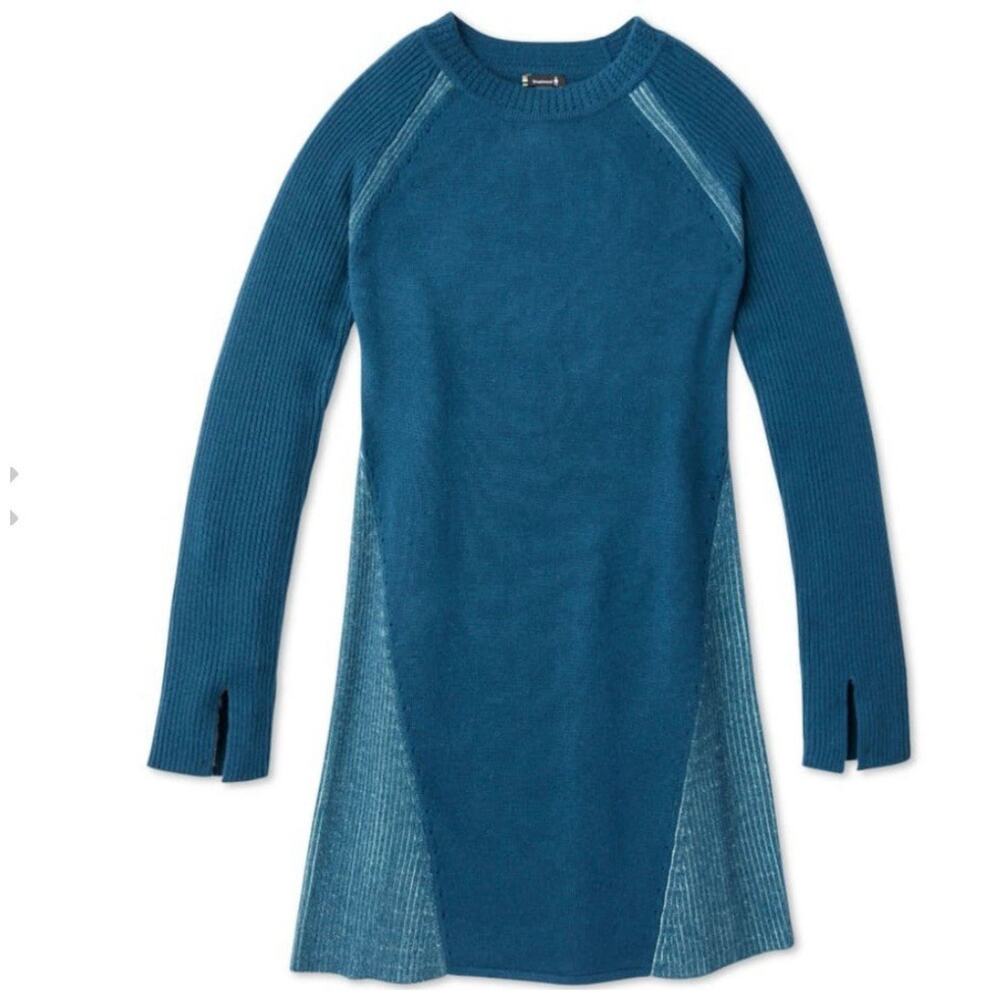 Smartwool Womens Merino Wool Blend Ribbed Raglan Sweater Dress Blue Cozy Size S